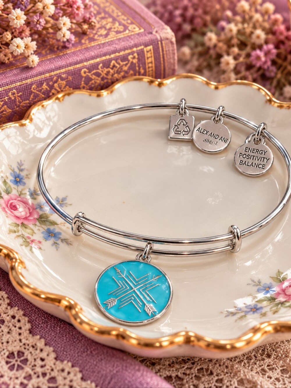 Alex & Ani Silver Bangle with Turquoise Arrow Charm